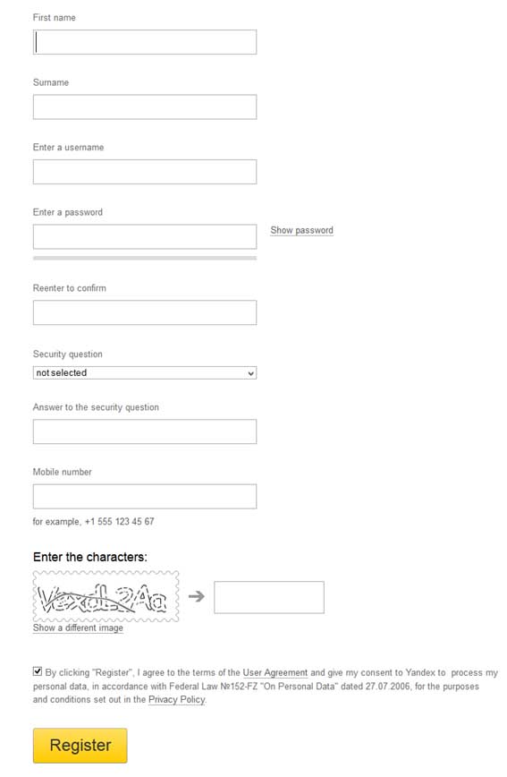 formulario de registro en yandex