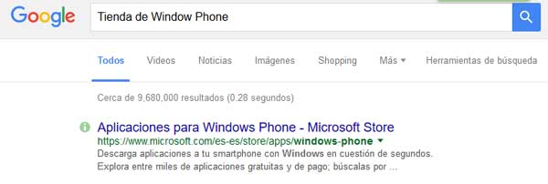 Búsqueda de la tienda de windows phone en el buscador de Google.