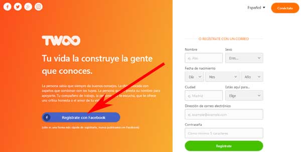 Crear una cuenta en Twoo con Facebook