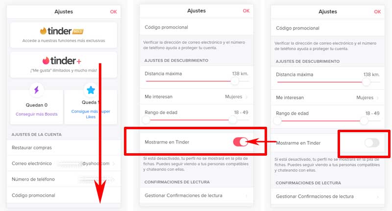 ocultar perfil en tinder