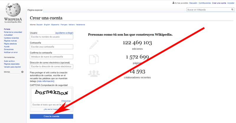 formulario de registro en wikipedia