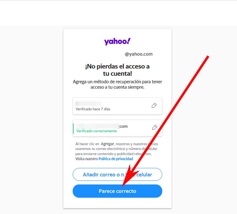 poner un correo de recuperacion en yahoo