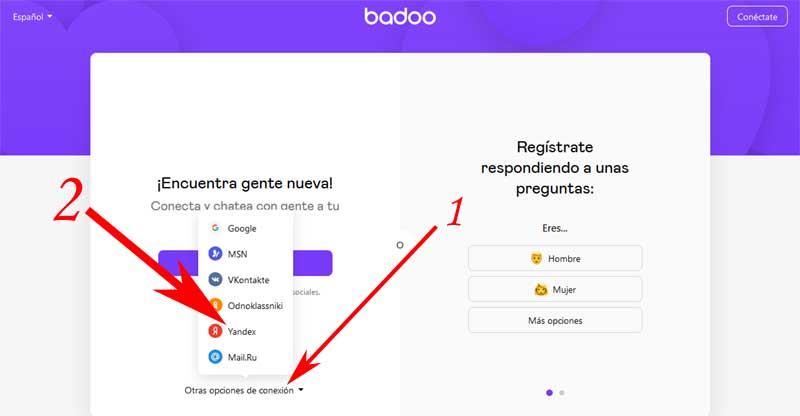 crear una cuenta en badoo con yandex